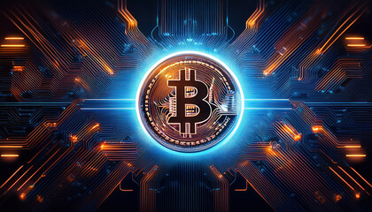 Poster - glowing circuit board featuring virtual currency logo its center, surrounded by vibrant blue and orange lights, creates
