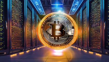 Aufkleber - vibrant 3d rendering of cryptocurrency logo in modern data center