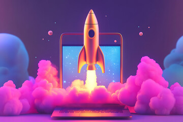 Poster - A rocket emerges from a laptop, symbolizing innovation and digital advancement.