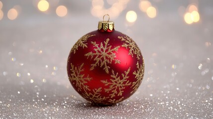 Wall Mural - Red Christmas bauble with gold snowflakes on sparkling background.