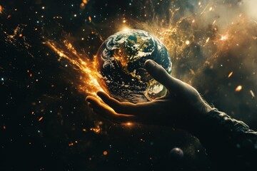 majestic god's hand cradles earth in cosmic creation scene, symbolic of divine power and christianit