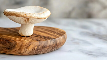 Poster - Delicate White Button Mushroom Showcasing Smooth Cap Texture on Wooden Cutting Board