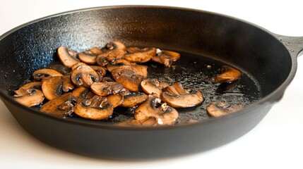 Poster - Sliced Mushrooms Arranged Beautifully in a Cast Iron Pan on a Simple White Surface