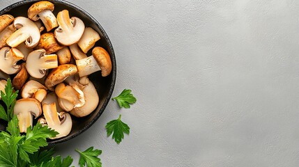 Poster - Sliced Mushrooms Arranged Artistically in a Cast Iron Pan on a Light Gray Surface