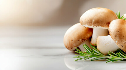 Poster - Freshly Arranged Mushrooms With Fragrant Herbs on a Marble Surface Capturing Natural Beauty