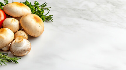 Poster - Fresh Mushrooms and Herbs Arranged Artfully on a Light Marble Surface