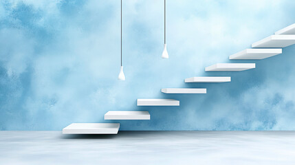 Poster - Minimalist Stairs Ascend Into a Soft Blue Gradient With Elegant Lighting Enhancing the Sleek Design