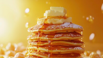 Poster - Delicious stack of golden pancakes drizzled with honey and topped with butter.