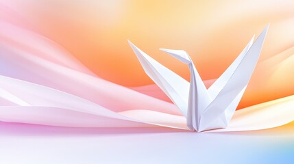 Poster - Elegant Origami Crane Gracefully Exhibited Against a Soothing Pastel Gradient Background