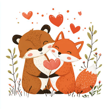Two foxes hugging, a cute watercolor clipart on a white background with defined edges