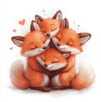 Two foxes hugging, a cute watercolor clipart on a white background with defined edges