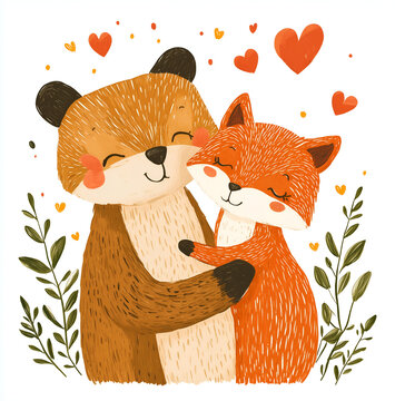 Two foxes hugging, a cute watercolor clipart on a white background with defined edges