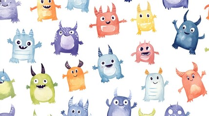 Poster - Cute colorful watercolor monsters pattern.