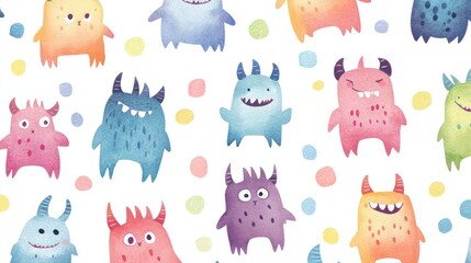 Poster - Watercolor cute monsters pattern. (1)