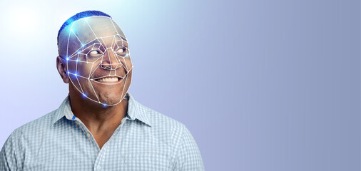 Poster - A person with a smile displays facial recognition technology on their face. This modern method illustrates the capabilities of advanced identification systems in a minimalist environment.