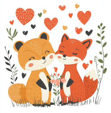 Two foxes hugging, a cute watercolor clipart on a white background with defined edges