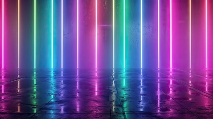 Poster - Colorful neon lights illuminate a dark, reflective floor.