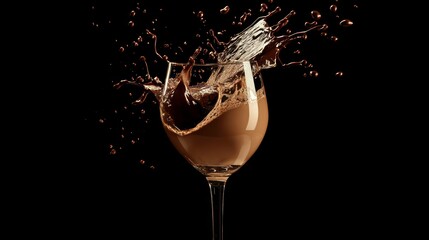 Poster - Chocolate drink splashing in wine glass on black background.