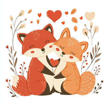 Two foxes hugging, a cute watercolor clipart on a white background with defined edges