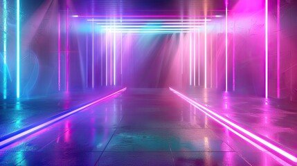 Poster - Neon lights illuminate a futuristic corridor with vibrant pink and blue hues reflecting on a glossy floor.