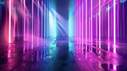 Poster - Neon lights illuminate a reflective, dark corridor.