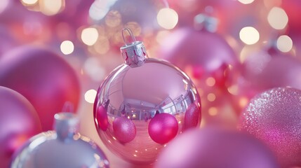 Poster - Close-up of shiny pink and silver Christmas ornaments with blurred bokeh lights in background.