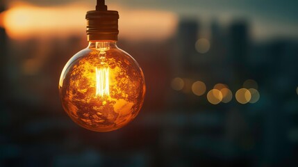 Aufkleber - Glowing Edison bulb hanging against a blurred cityscape sunset.
