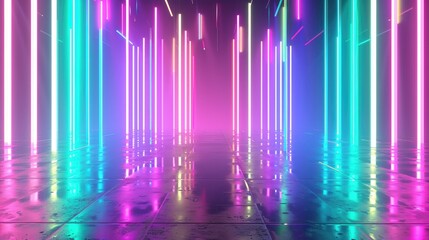 Poster - Vibrant neon lights illuminating a reflective floor, creating a futuristic, abstract scene.