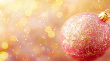 Wall Mural - A lovely pink Christmas ornament with fine details hangs on a radiant tree, surrounded by golden swirls and yellow stars, all highlighted by delicate, shimmering bokeh.