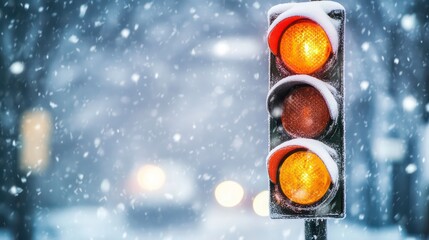 Poster - Snow-covered traffic light showing amber lights during a blizzard. (2)
