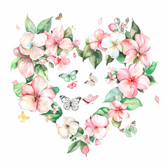 Aufkleber - Watercolor illustration of heart made of pink and white flowers with green leaves and colorful butterflies on white background for Happy Valentine's Day, Wedding Day, Birthday greetings