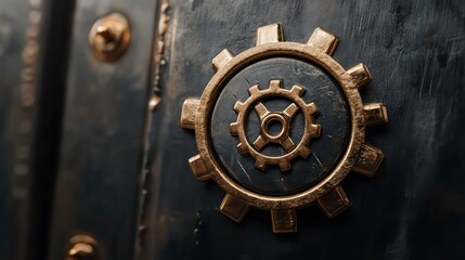 Poster - Close-up of a gold gear on dark metal surface.