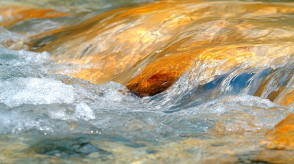 Fluid motion of crystal clear water flowing naturally with close up view showcasing the beauty of nature, blurred background with empty blank space for captions on the side, symbolizing calm and chaos