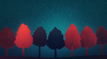 Wall Mural - A serene night scene featuring stylized trees in various shades of red against a starry blue backdrop, creating a calm and whimsical atmosphere.