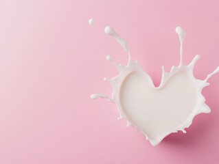 Poster - A milk splash forming a heart shape against a soft pink background, clean and minimal, space for text