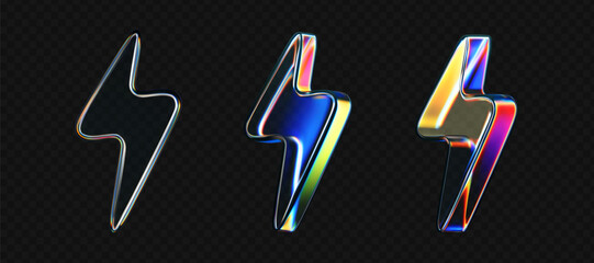 Wall Mural - 3d glass lightning icons with holographic effect isolated on black background. render transparent gl