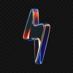 Wall Mural - 3d glass lightning icon with holographic effect isolated on black background. render transparent gla