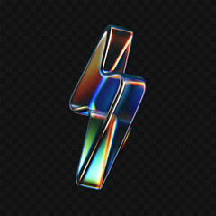 Wall Mural - 3d glass lightning icon with holographic effect isolated on black background. render transparent gla
