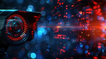 Poster - A futuristic camera emits a vibrant beam of light, surrounded by a digital backdrop of red and blue data patterns.