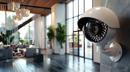 Poster - A modern security camera is mounted in a stylish, well-lit room featuring large windows, greenery, and contemporary decor.