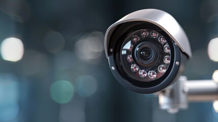 Poster - Security camera monitoring with blurred lights in a dark urban environment at night