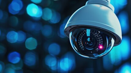 Poster - A surveillance camera hangs in a dimly lit space, illuminated by blue bokeh lights, emphasizing security and monitoring technology.