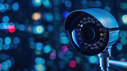 Poster - A close-up of a security camera against a backdrop of colorful, blurred lights, emphasizing surveillance technology and urban environments.