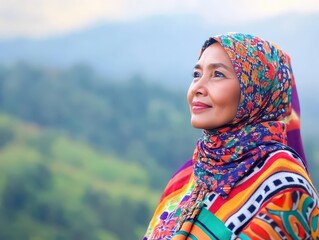 Woman wearing traditional cultural attire, in a scenic natural setting