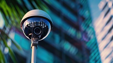 Poster - A security camera stands tall, capturing images amidst a modern urban backdrop, reflecting the vibrant colors of the surrounding architecture.