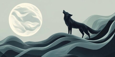  A Lone Wolf Howls Beneath a Pale Moon Over Rolling Hills