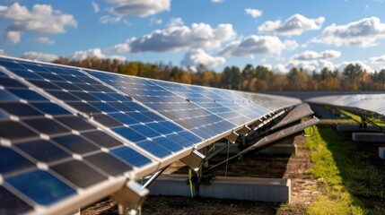 Wall Mural - A bright landscape featuring solar panels under a blue sky with fluffy clouds, showcasing renewable energy technology in a natural setting.