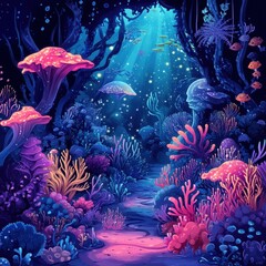 Sticker - Luminous Underwater Grotto With Glowing Coral Fungi And Fish