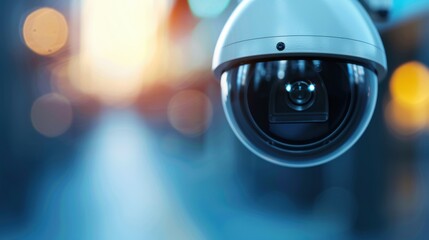 Poster - A close-up of a surveillance camera capturing urban scenery, showcasing clarity and focus with a blurred background highlighting security technology.