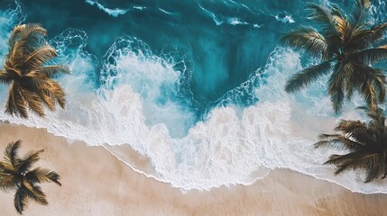 Wall Mural - Stunning Aerial View Tropical Beach Ocean Waves Palm Trees